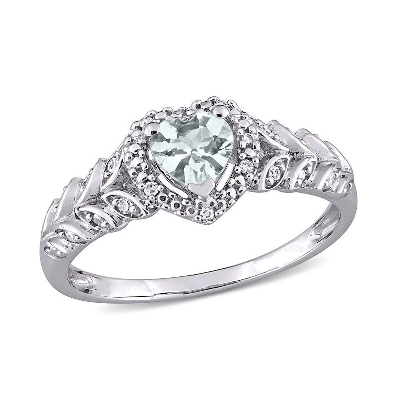 5.0mm Heart-Shaped Aquamarine and 1/20 CT. T.W. Diamond Bead Frame Leaf Shank Ring in 10K White Gold