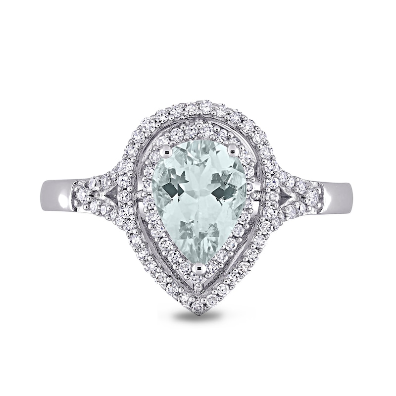 Pear-Shaped Aquamarine and 1/4 CT. T.W. Diamond Open Double Frame Split Shank Ring in 14K White Gold