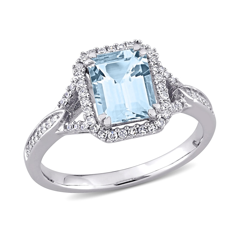 Emerald-Cut Aquamarine and 1/5 CT. T.W. Diamond Octagonal Frame Tapered Shank Ring in 14K White Gold