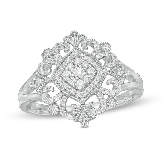 1/4 CT. T.W. Composite Diamond Tilted Cushion Ornate Vintage-Style Ring in 10K White Gold 1/4 CT. T.W. Composite Diamond Tilted Cushion Ornate Vintage-Style Ring in 10K White Gold