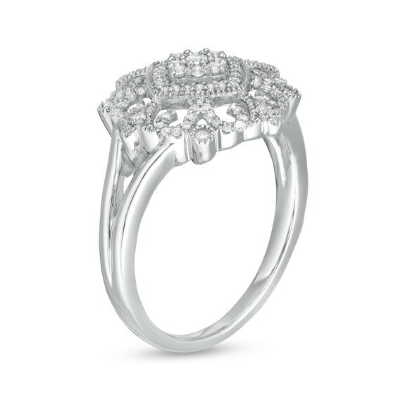 1/4 CT. T.W. Composi 1/4 CT. T.W. Composite Diamond Tilted Cushion Ornate Vintage-Style Ring in 10K White Gold