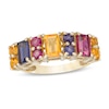 Emerald-Cut and Round Duos Multi-Gemstone Alternating Ring in Sterling Silver with 14K Gold Plate - Size 7