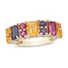 Thumbnail Image 1 of Emerald-Cut and Round Duos Multi-Gemstone Alternating Ring in Sterling Silver with 14K Gold Plate - Size 7
