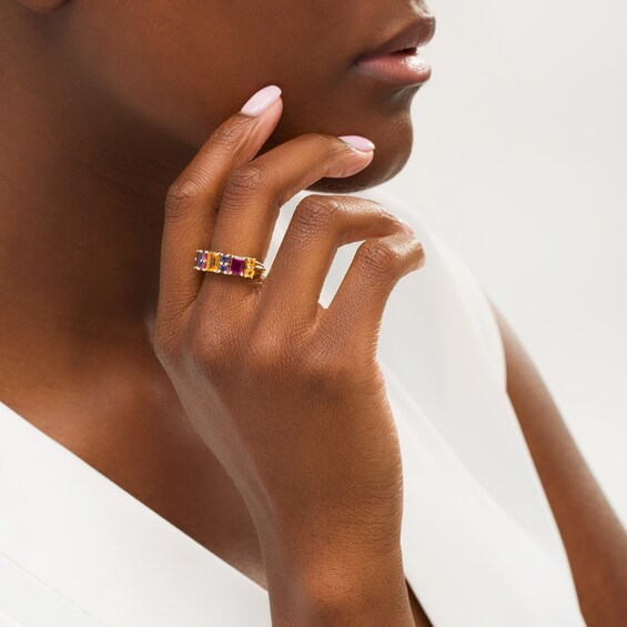 Emerald-Cut and Round Duos Multi-Gemstone Alternating Ring in Sterling Silver with 14K Gold Plate - Size 7
