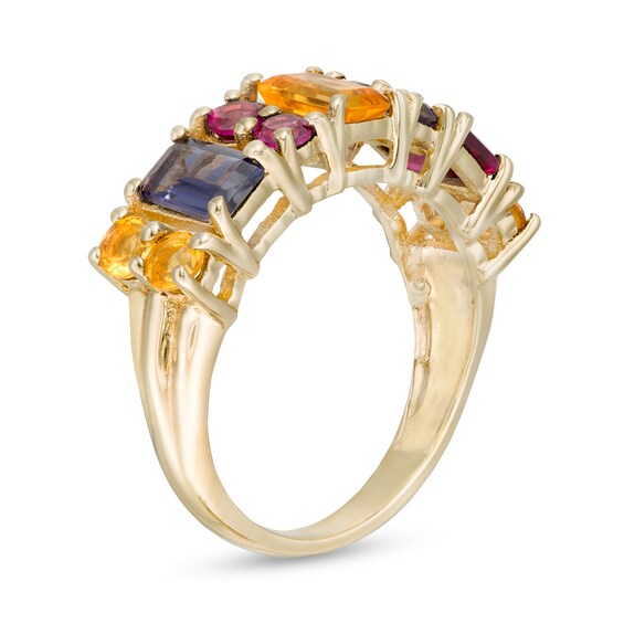 Emerald-Cut and Round Duos Multi-Gemstone Alternating Ring in Sterling Silver with 14K Gold Plate - Size 7