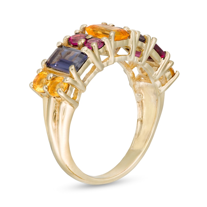 Main Image 3 of Emerald-Cut and Round Duos Multi-Gemstone Alternating Ring in Sterling Silver with 14K Gold Plate - Size 7