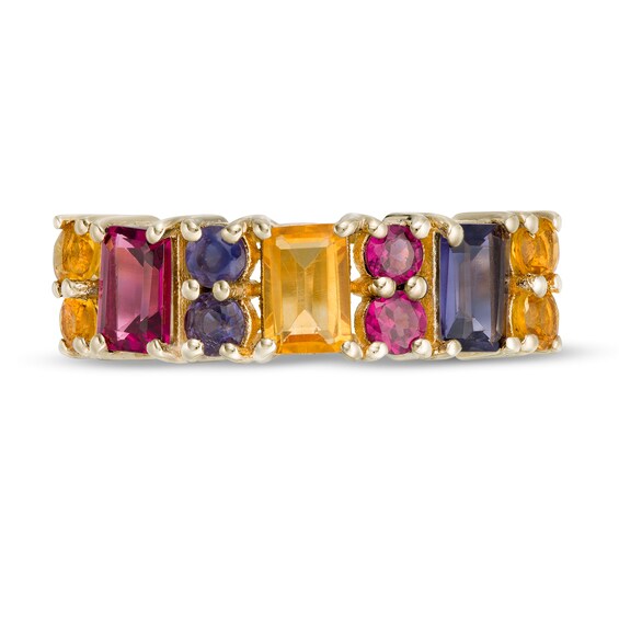 Emerald-Cut and Round Duos Multi-Gemstone Alternating Ring in Sterling Silver with 14K Gold Plate - Size 7