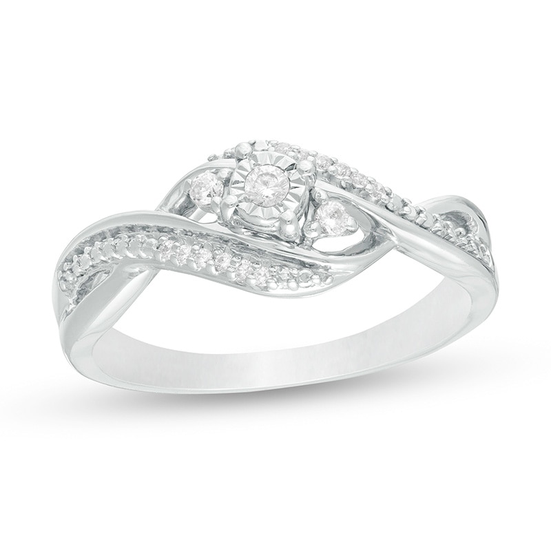 Main Image 1 of 1/10 CT. T.W. Diamond Three Stone Twist Shank Promise Ring in Sterling Silver
