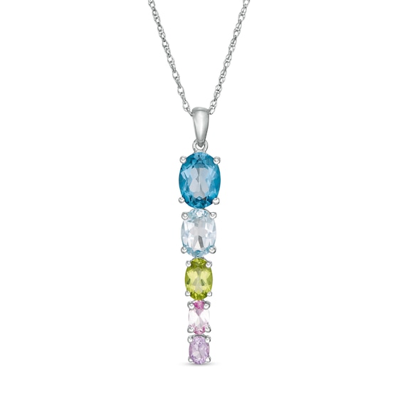 Oval Multi-Gemstone Graduated Five Stone Linear Drop Pendant in Sterling Silver