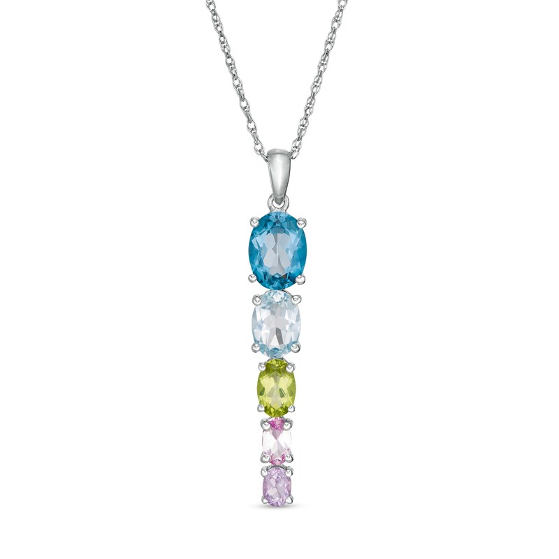 Main Image 1 of Oval Multi-Gemstone Graduated Five Stone Linear Drop Pendant in Sterling Silver