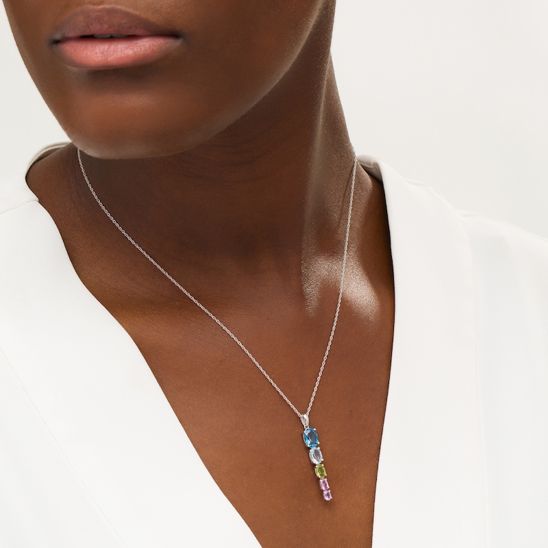 Main Image 2 of Oval Multi-Gemstone Graduated Five Stone Linear Drop Pendant in Sterling Silver
