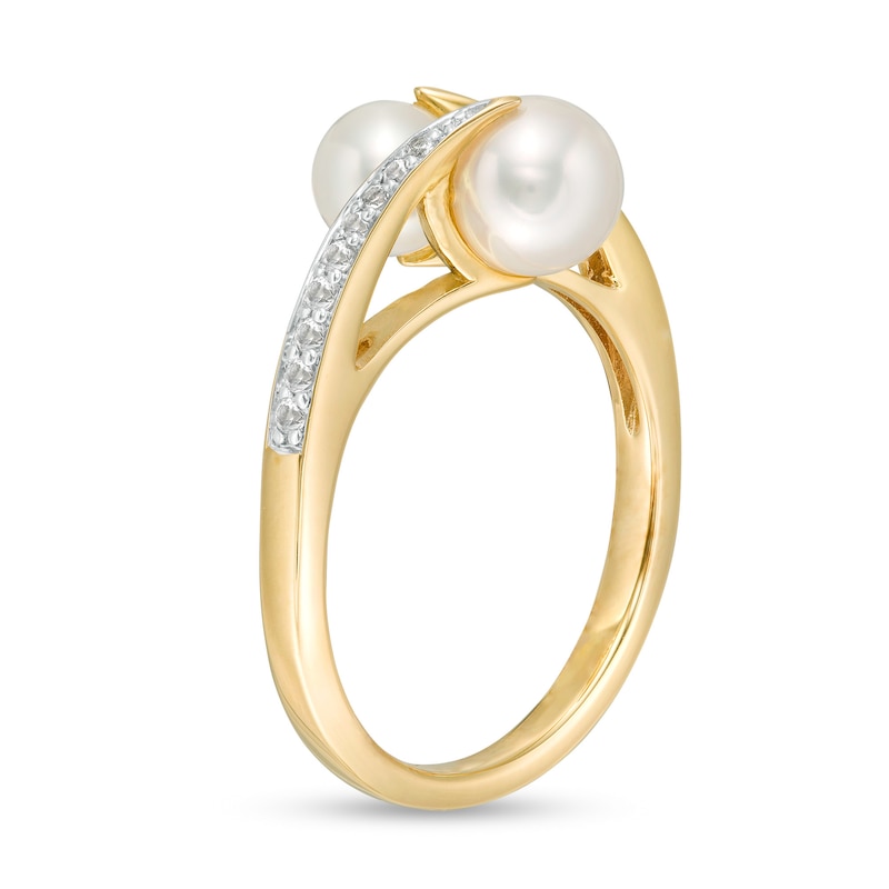 5.0-6.5mm Cultured Freshwater Pearl and White Topaz Bypass Ring in Sterling Silver with 14K Gold Plate - Size 7