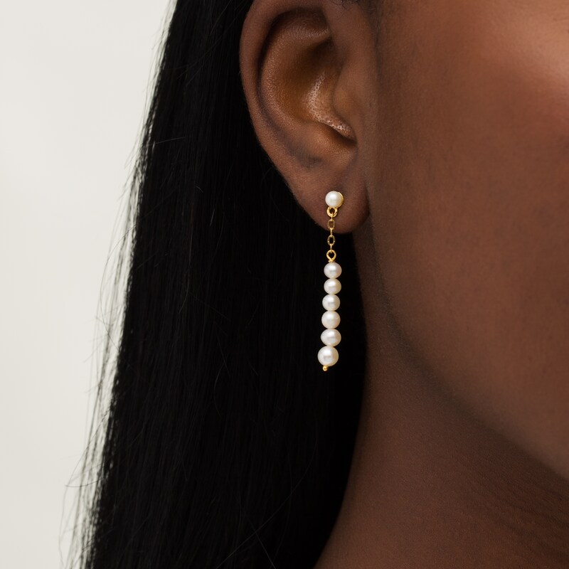 Main Image 2 of 3.0-4.5mm Baroque Freshwater Cultured Pearl Graduated Linear Drop Earrings in Sterling Silver with 18K Gold Plate