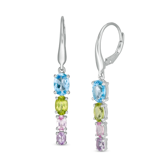 Oval Multi-Gemstone Graduated Four Stone Linear Drop Earrings in Sterling Silver