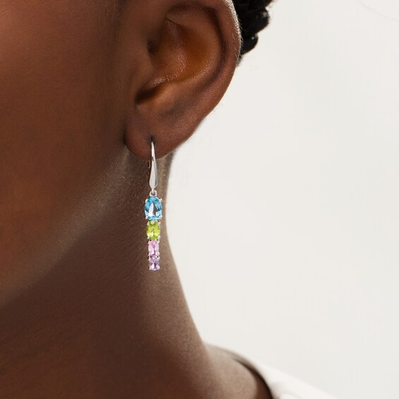 Oval Multi-Gemstone Graduated Four Stone Linear Drop Earrings in Sterling Silver