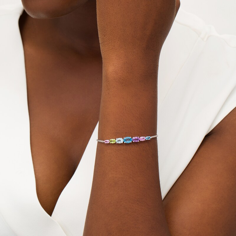 Main Image 2 of Sideways Oval Multi-Gemstone Graduated Seven Stone Bolo Bracelet in Sterling Silver - 9.25"