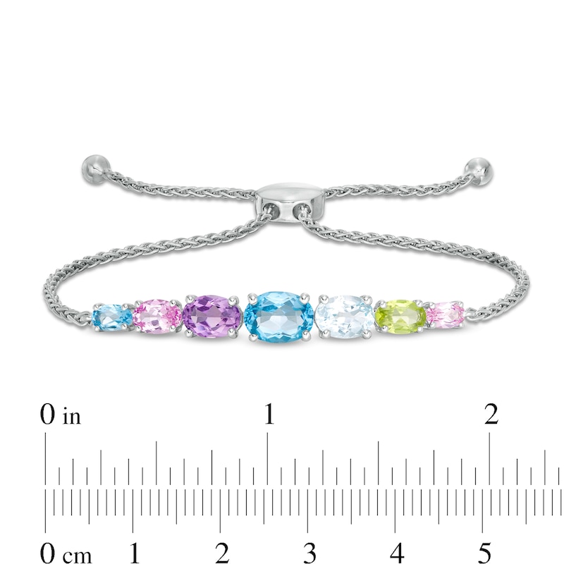 Main Image 3 of Sideways Oval Multi-Gemstone Graduated Seven Stone Bolo Bracelet in Sterling Silver - 9.25"