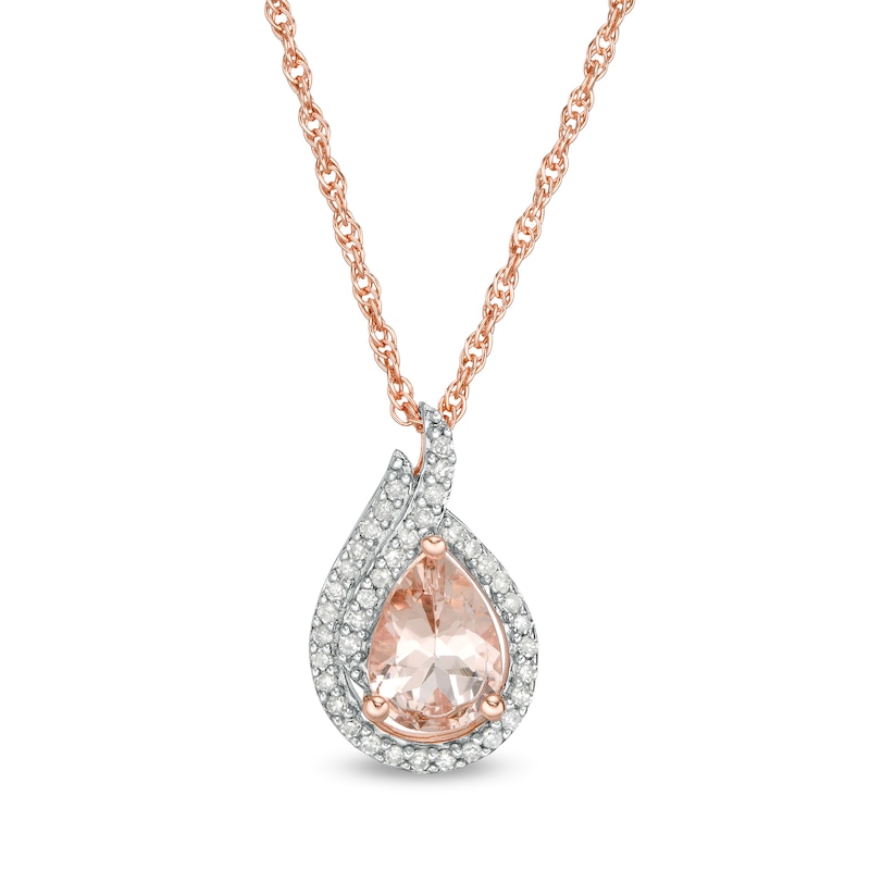 Pear-Shaped Morganite and 1/6 CT. T.W. Diamond Double Frame Drop Pendant in 10K Rose Gold