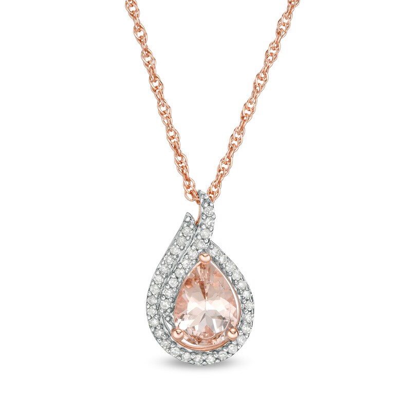 Main Image 1 of Pear-Shaped Morganite and 1/6 CT. T.W. Diamond Double Frame Drop Pendant in 10K Rose Gold