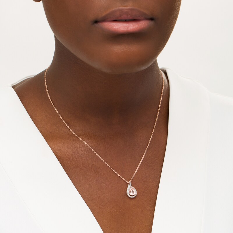 Main Image 2 of Pear-Shaped Morganite and 1/6 CT. T.W. Diamond Double Frame Drop Pendant in 10K Rose Gold