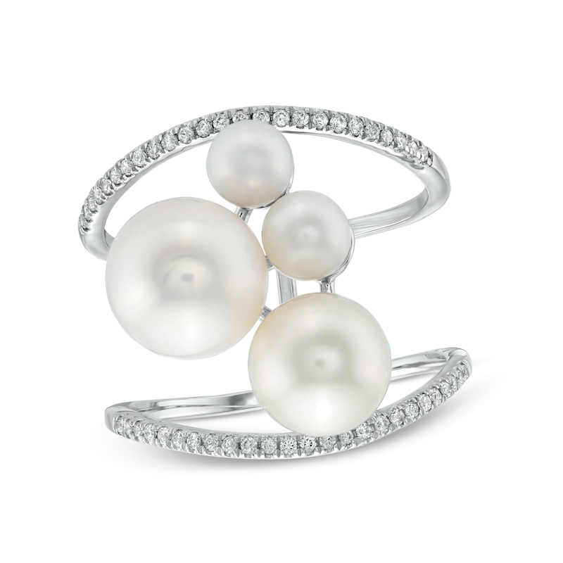 Main Image 1 of 4.5-8.5mm Freshwater Cultured Pearl and Lab-Created White Sapphire Cluster Open Shank Ring in 10K White Gold-Size 7
