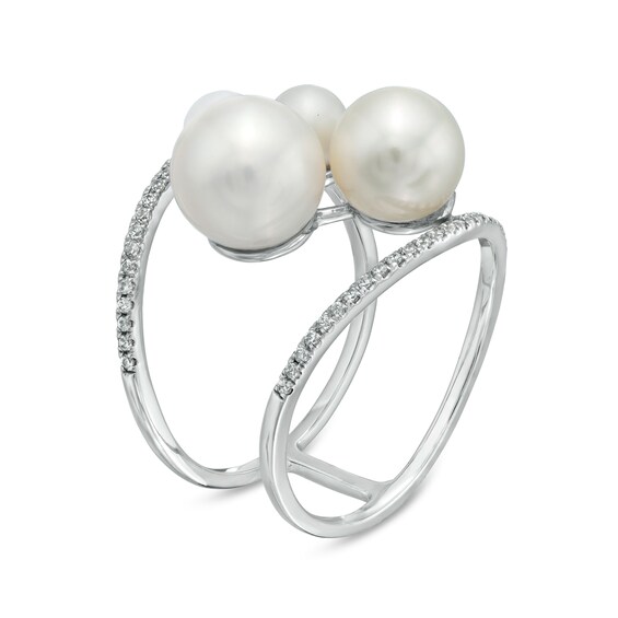 4.5-8.5mm Freshwater Cultured Pearl and Lab-Created White Sapphire Cluster Open Shank Ring in 10K White Gold-Size 7