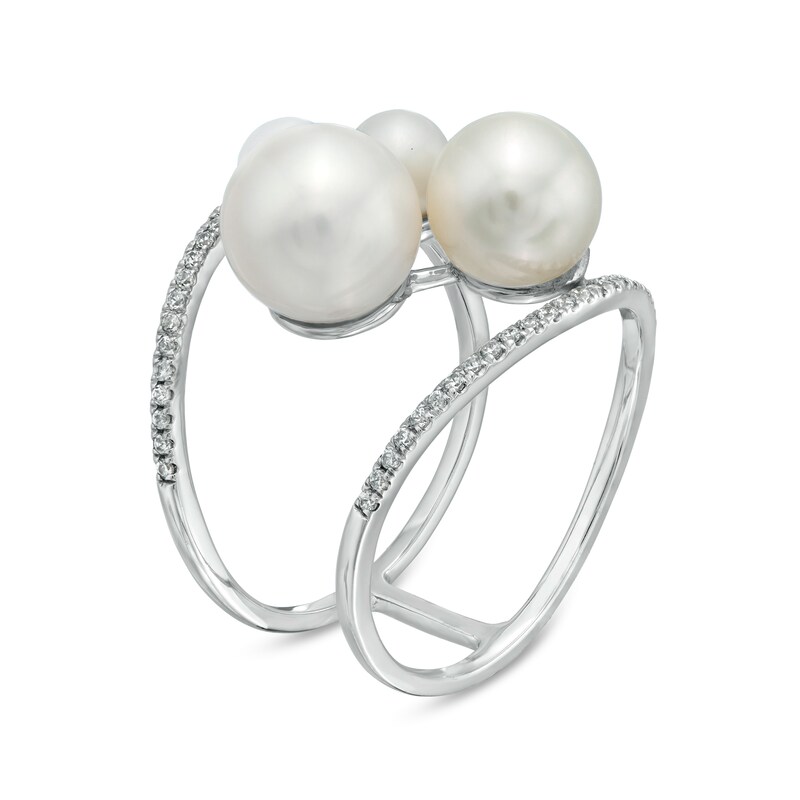 Main Image 3 of 4.5-8.5mm Freshwater Cultured Pearl and Lab-Created White Sapphire Cluster Open Shank Ring in 10K White Gold-Size 7