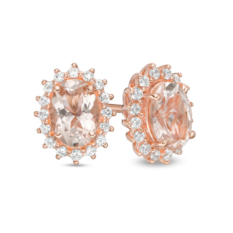 Main Image 1 of Oval Morganite and 1/3 CT. T.W. Diamond Starburst Frame Stud Earrings in 10K Rose Gold