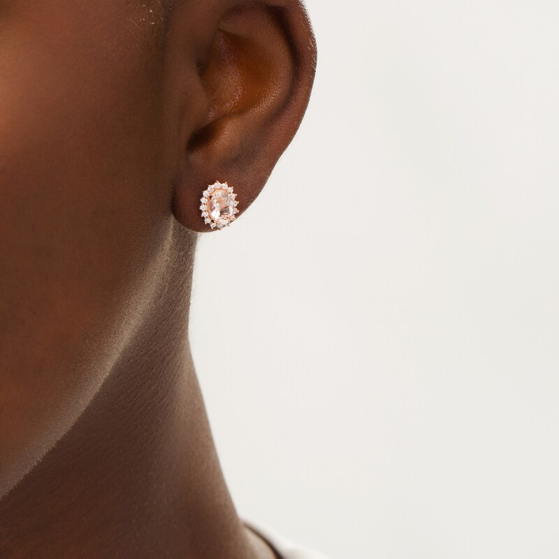 Main Image 2 of Oval Morganite and 1/3 CT. T.W. Diamond Starburst Frame Stud Earrings in 10K Rose Gold