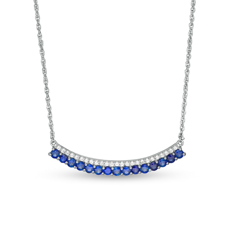 Lab-Created Blue and White Sapphire Double Row Curved Bar Necklace in ...