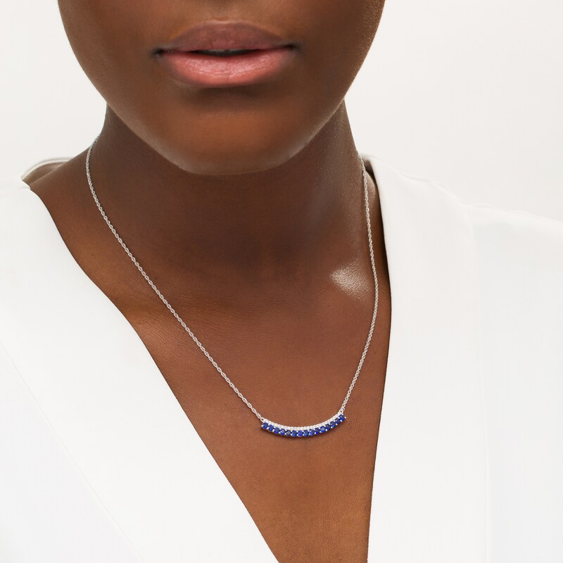 Main Image 2 of Lab-Created Blue and White Sapphire Double Row Curved Bar Necklace in Sterling Silver