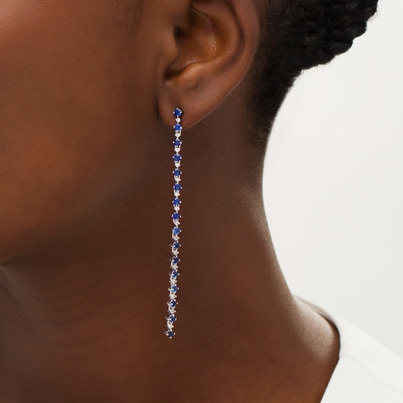 Lab-Created Blue and White Sapphire Alternating Linear Drop Earrings in Sterling Silver