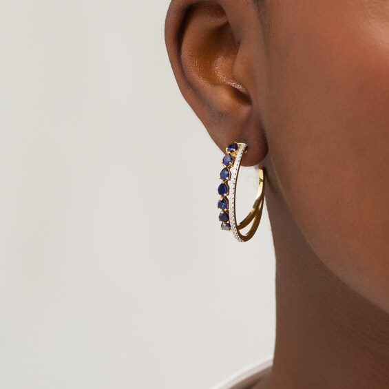 Pear-Shaped Lab-Created Blue and White Sapphire Double Row Split J-Hoop Earrings in Sterling Silver with 14K Gold Plate