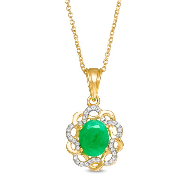 Main Image 1 of Oval Emerald and White Topaz Twist Frame Drop Pendant in Sterling Silver with 14K Gold Plate
