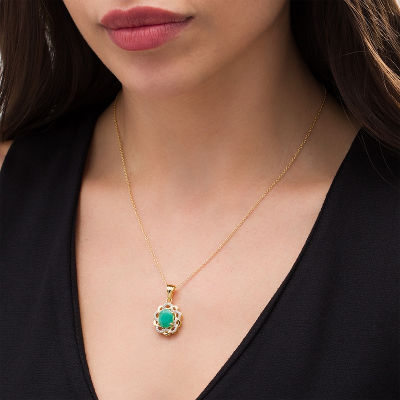 Main Image 2 of Oval Emerald and White Topaz Twist Frame Drop Pendant in Sterling Silver with 14K Gold Plate