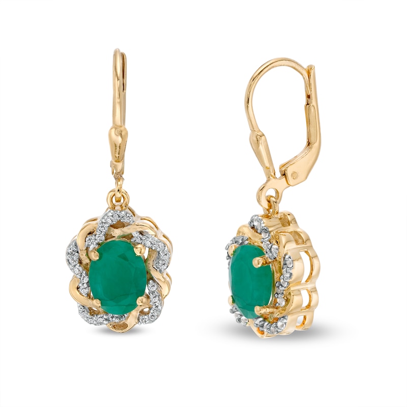 Oval Emerald and White Topaz Twist Frame Drop Earrings in Sterling Silver with 14K Gold Plate