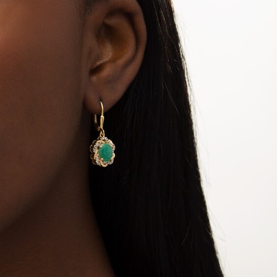 Oval Emerald and White Topaz Twist Frame Drop Earrings in Sterling Silver with 14K Gold Plate