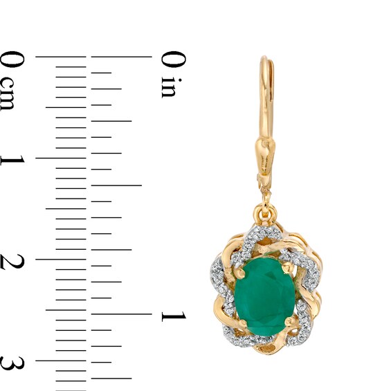 Oval Emerald and White Topaz Twist Frame Drop Earrings in Sterling Silver with 14K Gold Plate