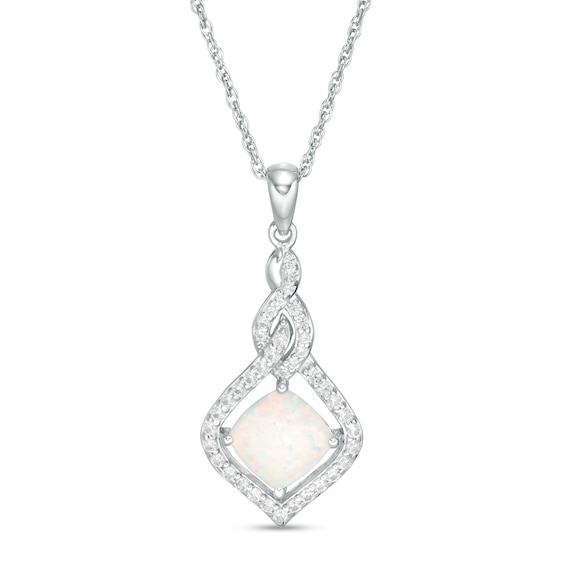 7.0mm Cushion-Cut Lab-Created Opal and White Sapphire Cascading Open Flame Pendant in Sterling Silver