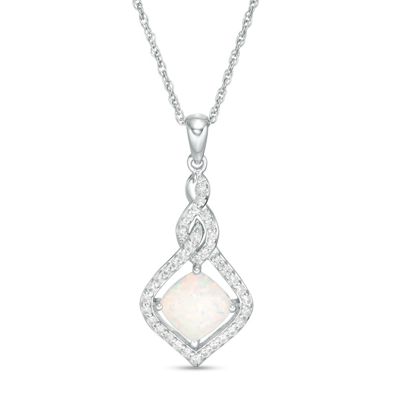 Main Image 1 of 7.0mm Cushion-Cut Lab-Created Opal and White Sapphire Cascading Open Flame Pendant in Sterling Silver