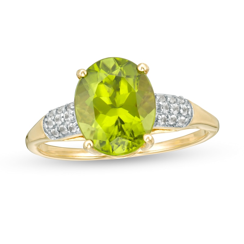Main Image 1 of Oval Peridot and White Topaz Triple Row Side Accent Ring in 10K Gold
