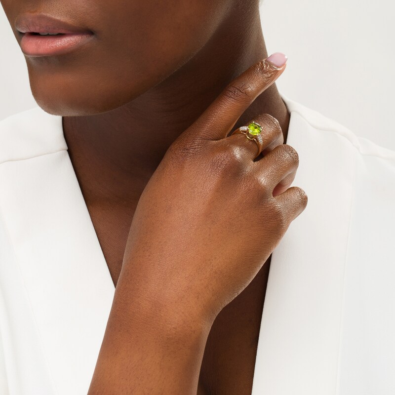 Main Image 2 of Oval Peridot and White Topaz Triple Row Side Accent Ring in 10K Gold