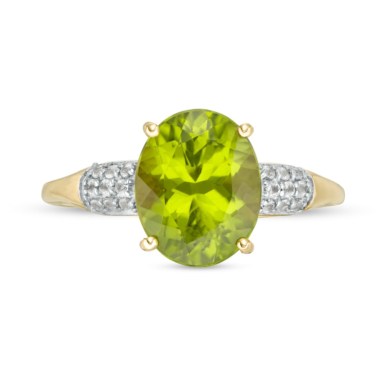 Main Image 4 of Oval Peridot and White Topaz Triple Row Side Accent Ring in 10K Gold