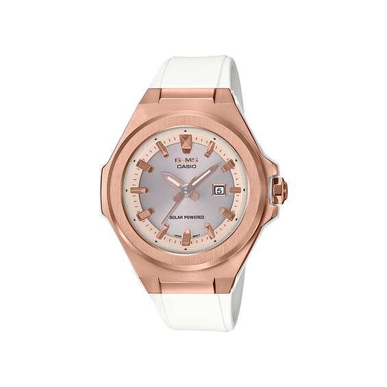 Ladies' Casio G-Shock Rose-Tone White Resin Strap Watch with Silver-Tone Dial (Model: MSGS500G-7A2) Ladies' Casio G-Shock Rose-Tone White Resin Strap Watch with Silver-Tone Dial (Model: MSGS500G-7A2)