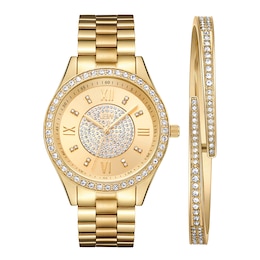 Ladies' JBW Mondrian 1/6 CT. T.W. Diamond And Crystal Accent 18K Gold Plate Watch and Bangle Set (Model: J6303-SetB)