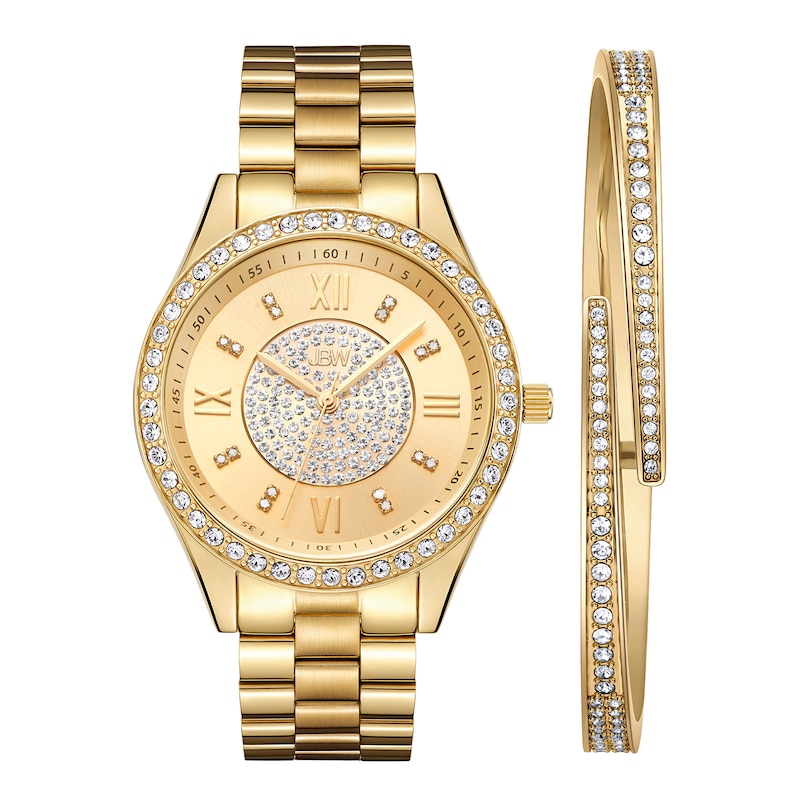 Ladies' JBW Mondrian 1/6 CT. T.W. Diamond And Crystal Accent 18K Gold Plate Watch and Bangle Set (Model: J6303-SetB)