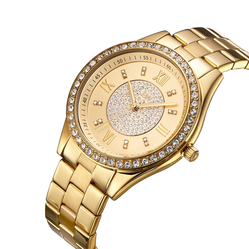 Ladies' JBW Mondrian 1/6 CT. T.W. Diamond And Crystal Accent 18K Gold Plate Watch and Bangle Set (Model: J6303-SetB)