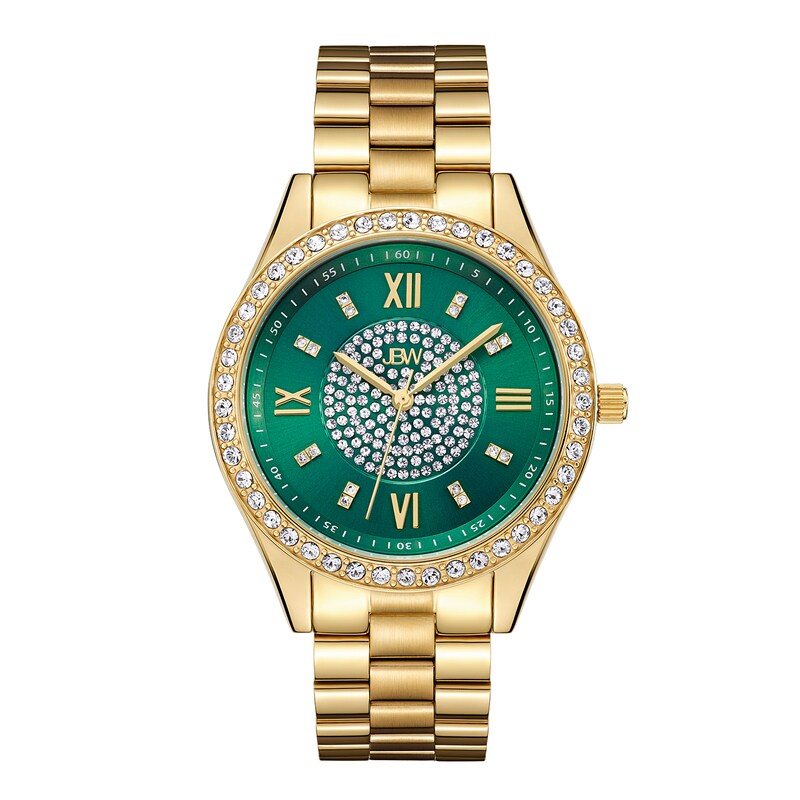 Main Image 1 of Ladies' JBW Mondrian 1/6 CT. T.W. Diamond And Crystal Accent 18K Gold Plate Watch with Green Dial (Model: J6303E)