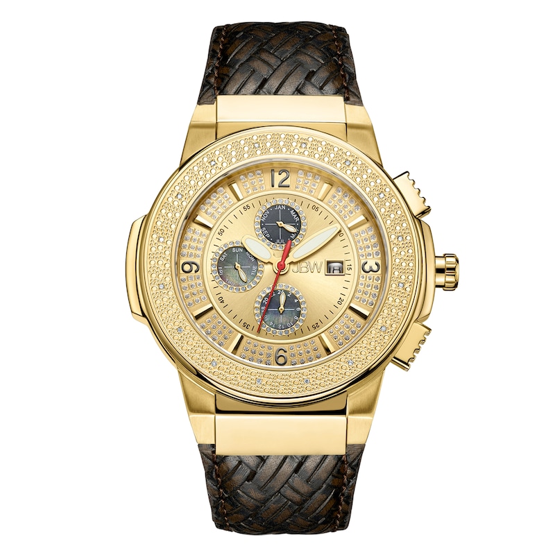 Men's JBW Saxon 1/6 CT. T.W. Diamond and Crystal Accent 18K Gold Plate Leather Strap Watch (Model: JB-6101L-E)