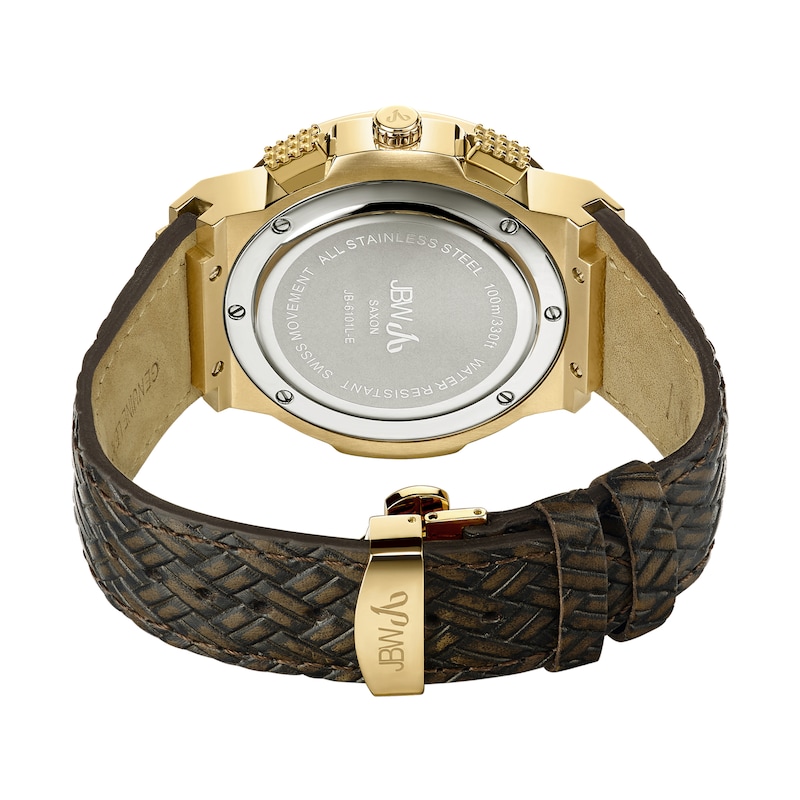 Men's JBW Saxon 1/6 CT. T.W. Diamond and Crystal Accent 18K Gold Plate Leather Strap Watch (Model: JB-6101L-E)